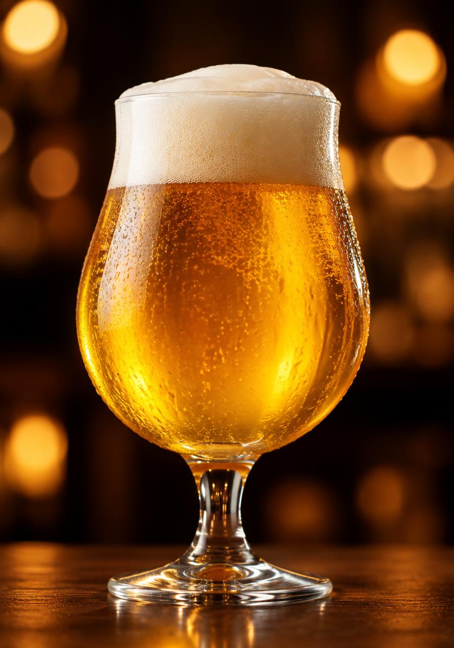 A tulip glass of golden Belgian beer with a thick foam head